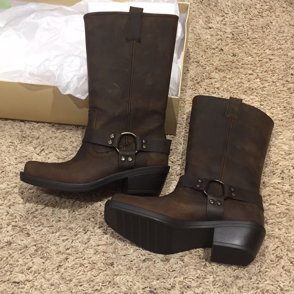 New brown leather harness boots size 7